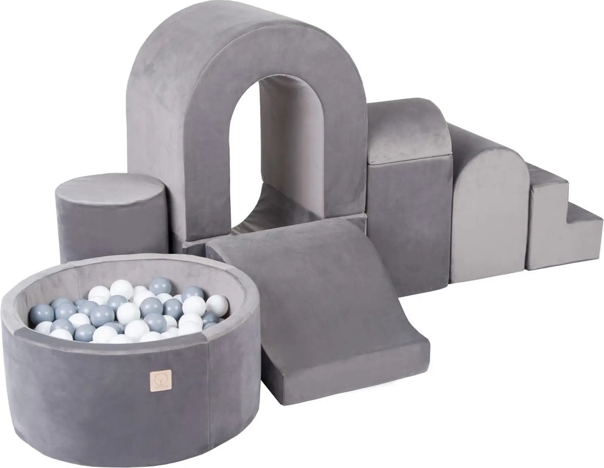 SpeelKasteel met ballenbak | Extensso® | Bouwblokken | Speeltuin | Foam | Inclusief Ballenbak met ballen | Zilver velours | 7 cm ballen | Speeltoestellen